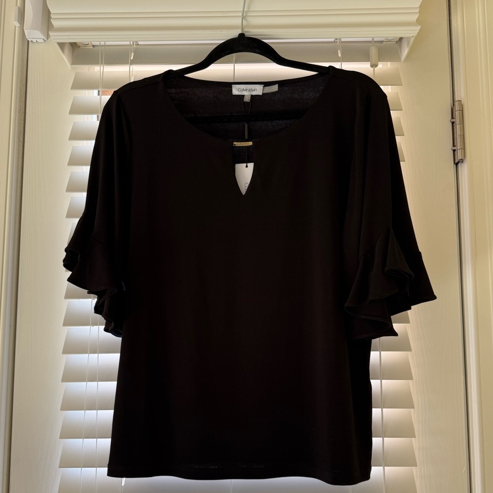 NEW-Calvin Klein Black Ruffle Sleeve Blouse